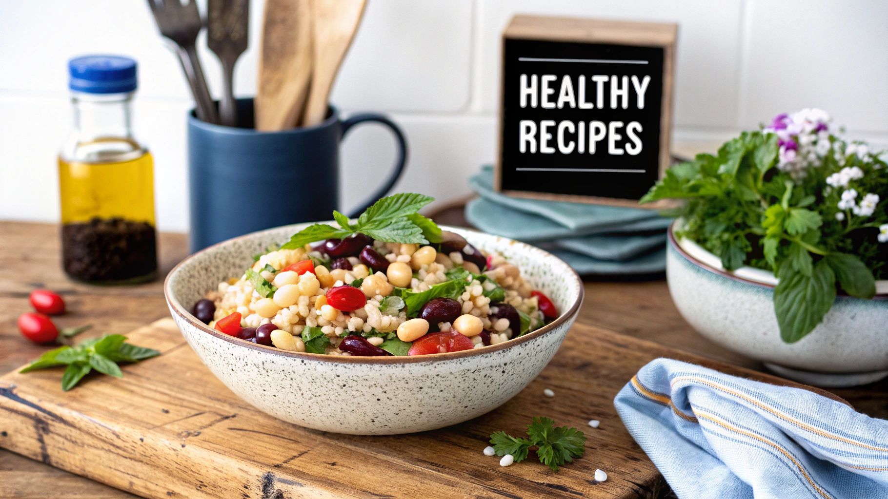 A delicious, healthy meal made from bulk organic grains and beans, beautifully plated.
