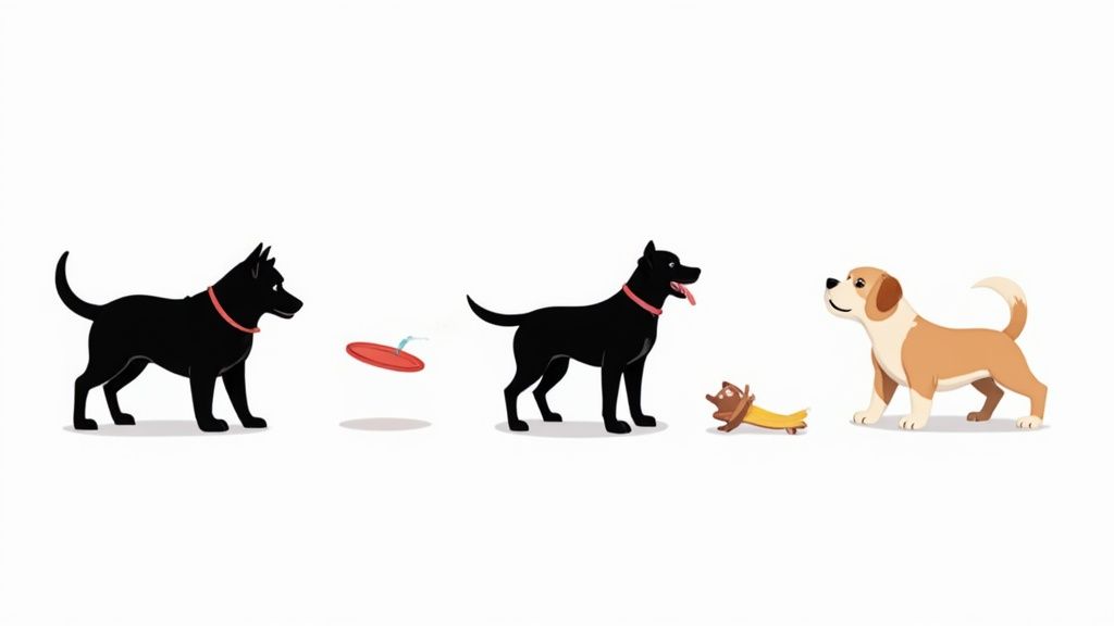 Four dogs of different breeds playing together with a red frisbee toy outdoors