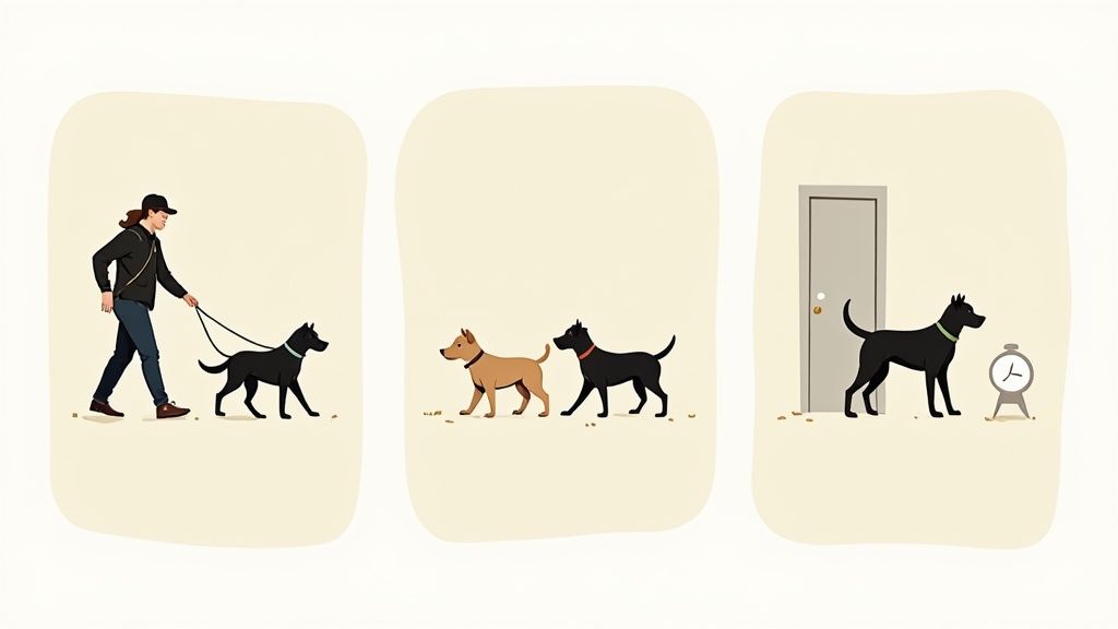 A woman and her happy golden retriever out for a walk in a sunny park