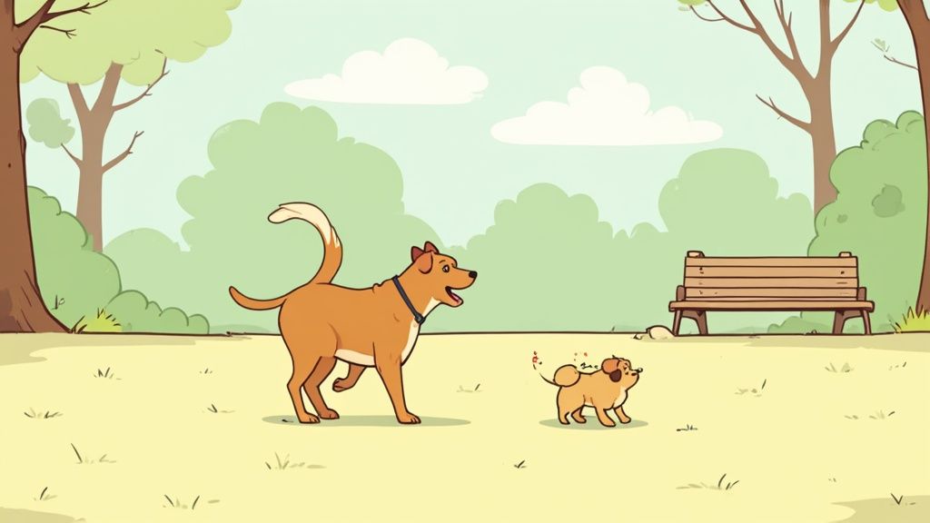 A happy dog running in a field with a ball, looking tired and content.