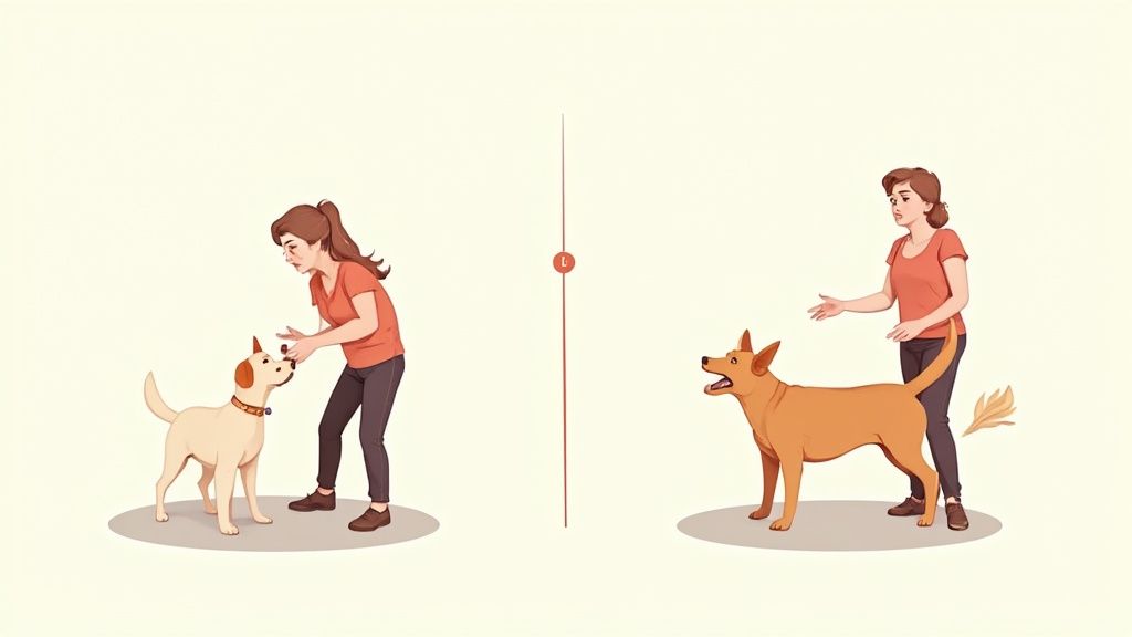 A person's hand gently petting a shy-looking brown dog.