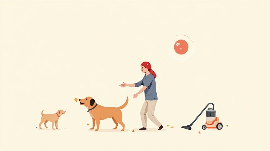 A professional dog trainer working with a golden retriever in a park setting