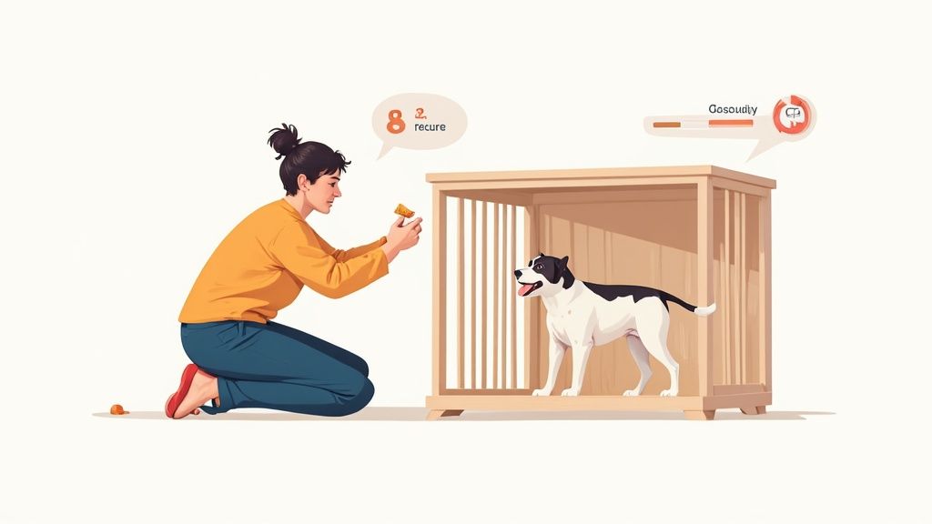 A person giving a treat to a happy dog sitting in its crate.