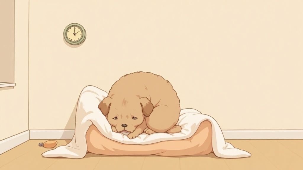 A cute, fluffy 10 week old puppy sitting on a wooden floor, looking at the camera