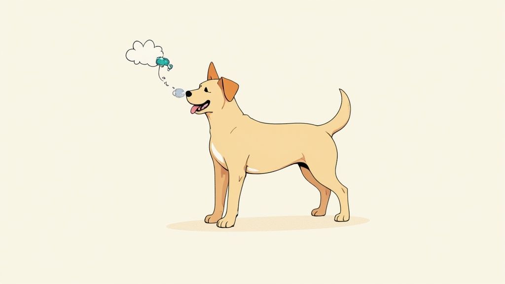 A veterinarian gently holds a small beagle while examining it in a clinic.