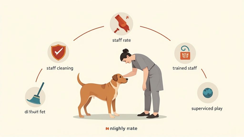 A caring staff member petting a happy dog at a boarding facility