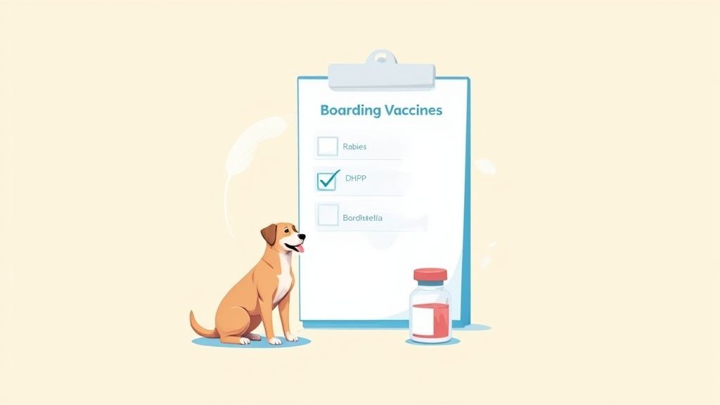 A veterinarian giving a happy golden retriever a vaccine shot in a clean clinic.