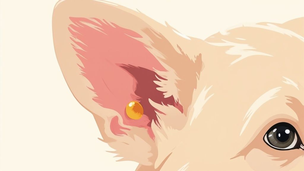 A close-up of a veterinarian examining a dog's ear with an otoscope.