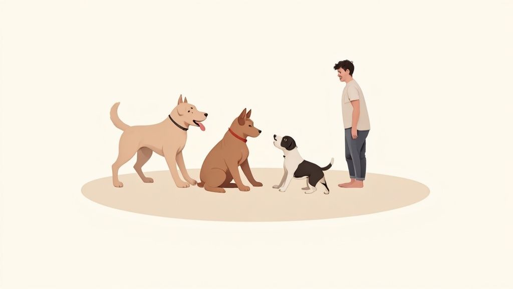 Multiple dogs playing happily on a green lawn in a sunny outdoor setting.