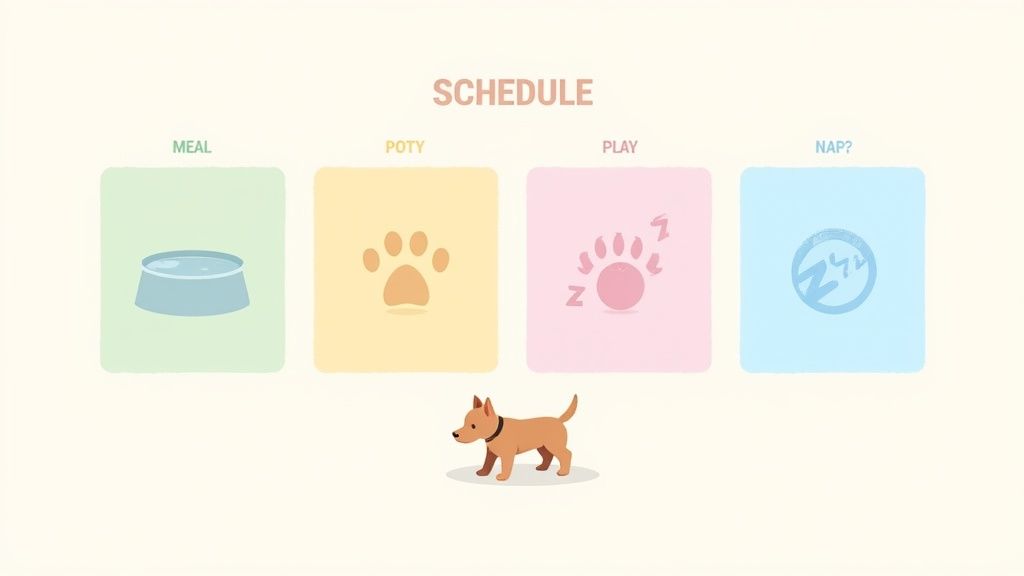 A happy 10 week old puppy playing with a rope toy on a green lawn