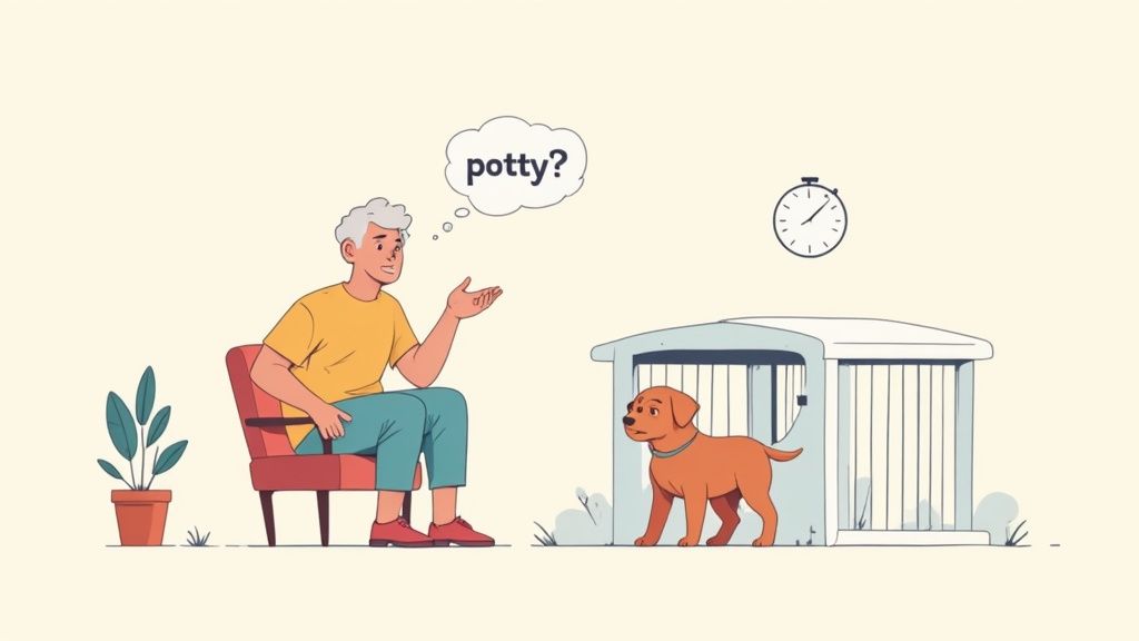 An older dog whining slightly while looking out from its crate.