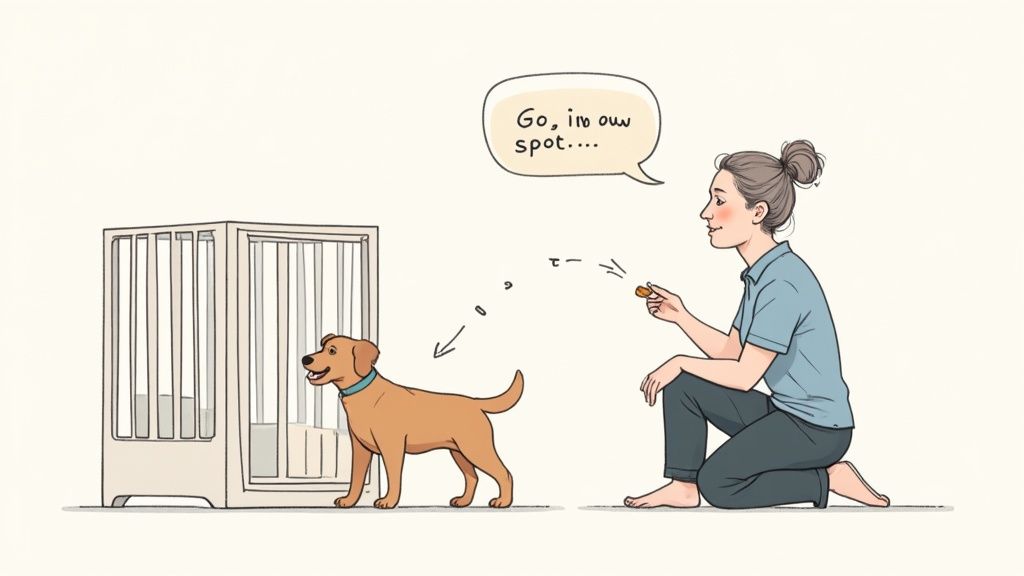 An older dog looking comfortable and happy inside its crate with the door open.