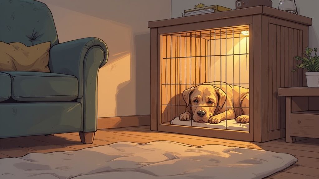 An older dog looking content and safe inside a cozy crate.