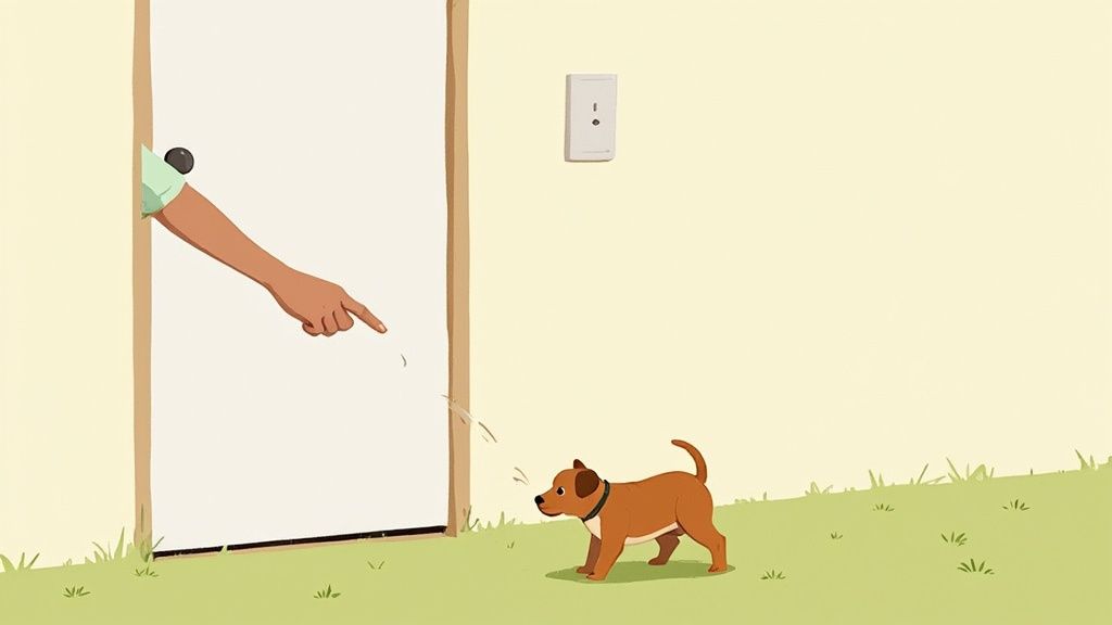 A happy 10 week old puppy sitting on green grass outdoors