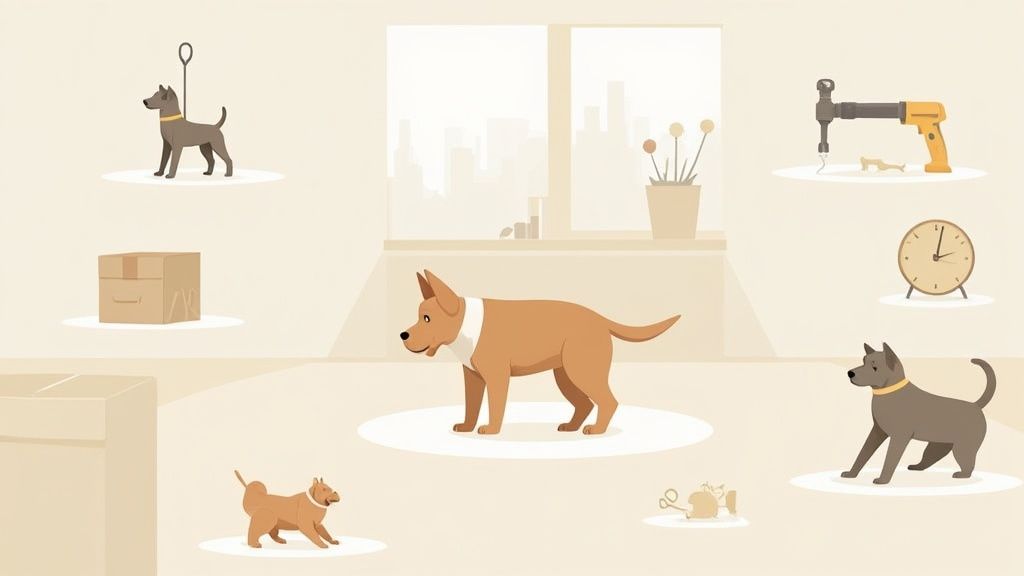 A person gently training a calm dog in a sunny living room