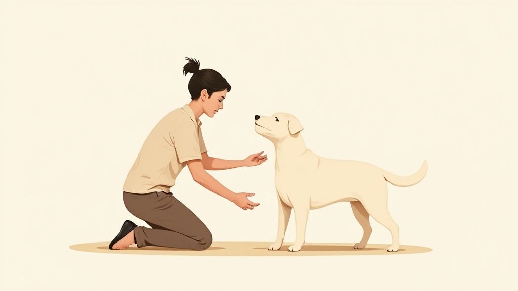 A concerned veterinarian checking on a golden retriever's health.