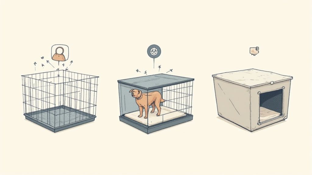 A cozy dog crate set up with a plush bed and toys.