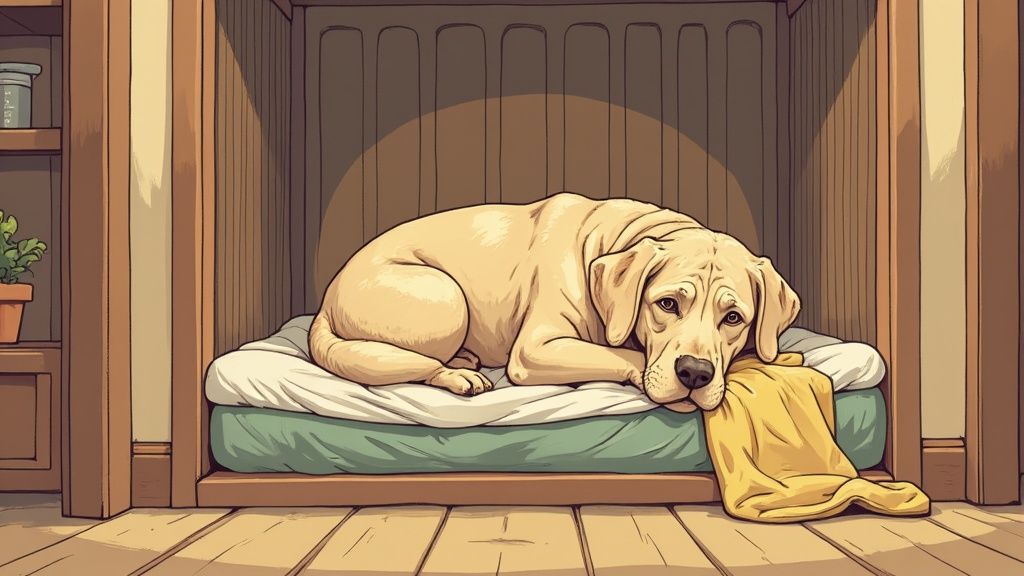 A happy older dog resting inside its crate with a comfortable bed.