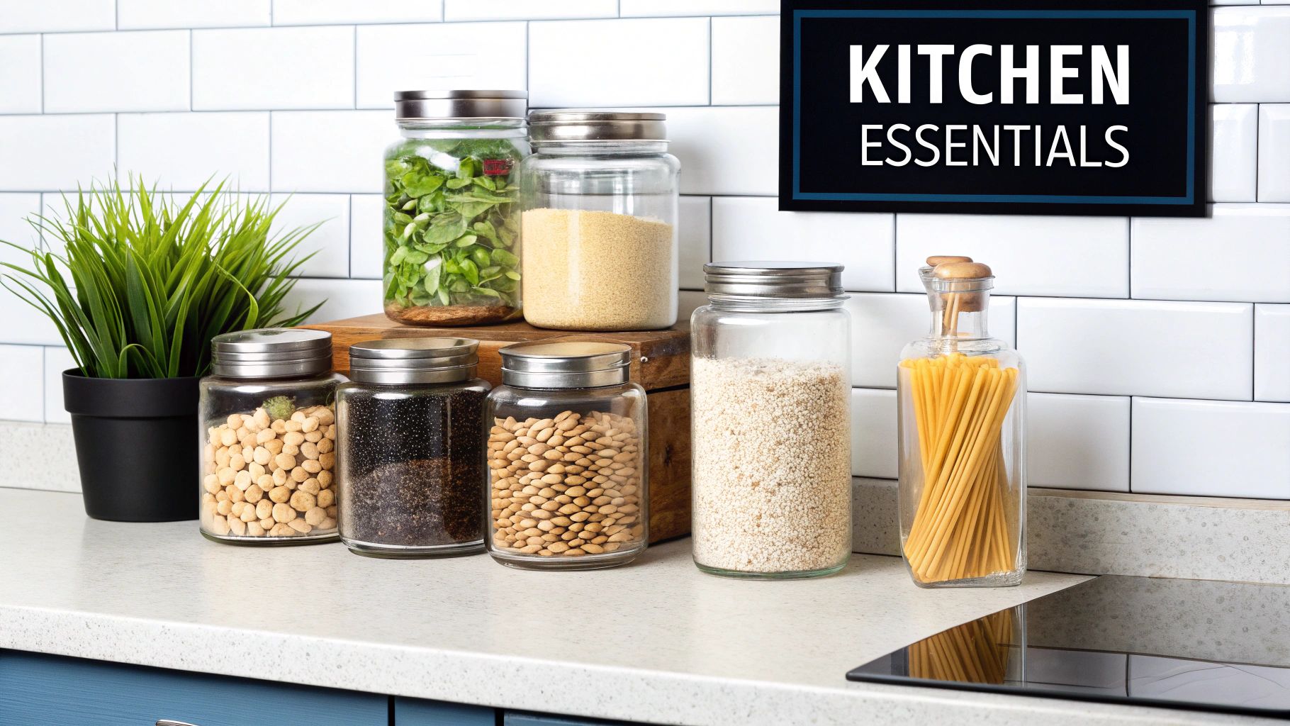 A woman stands in her plastic-free kitchen, holding a glass jar of pasta.