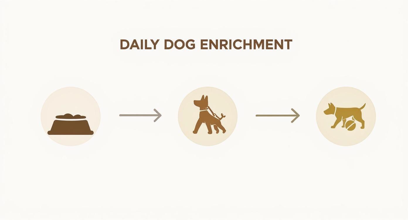Daily dog enrichment progression diagram showing food bowl, walking, and playtime activities for mental stimulation