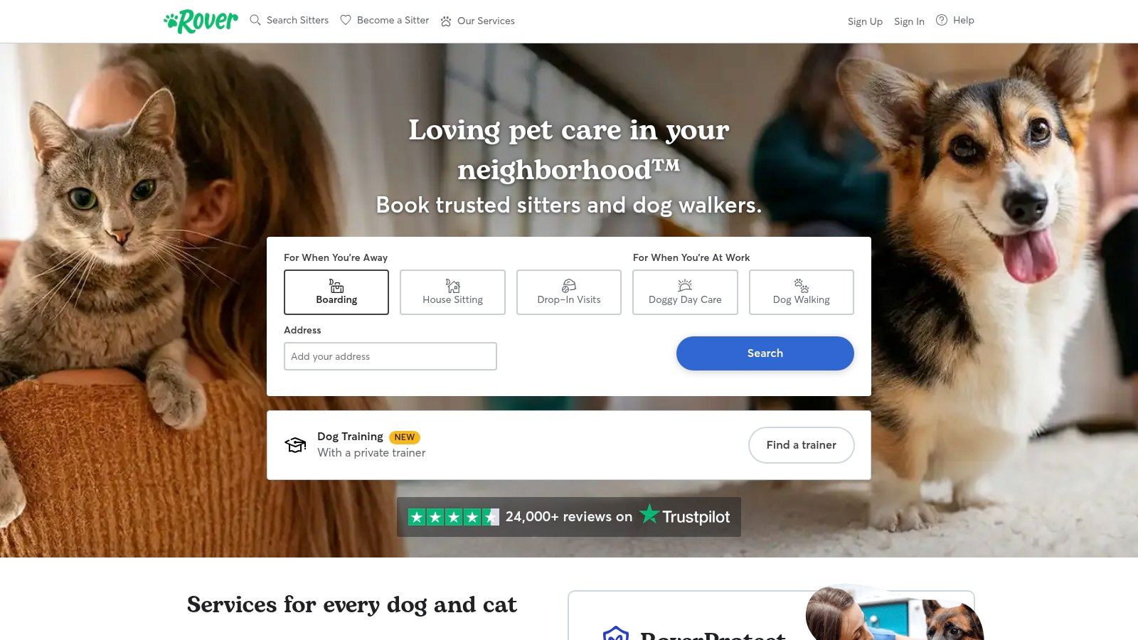 Rover website interface showing a search for dog boarding sitters