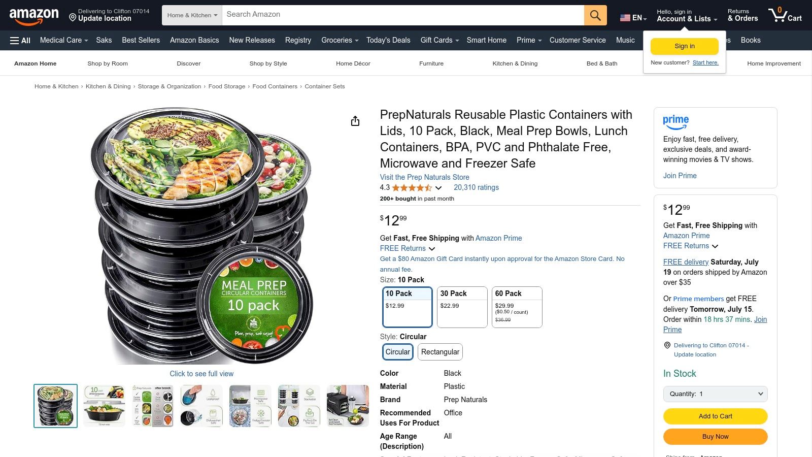 Amazon website showing a listing for BPA-free food containers