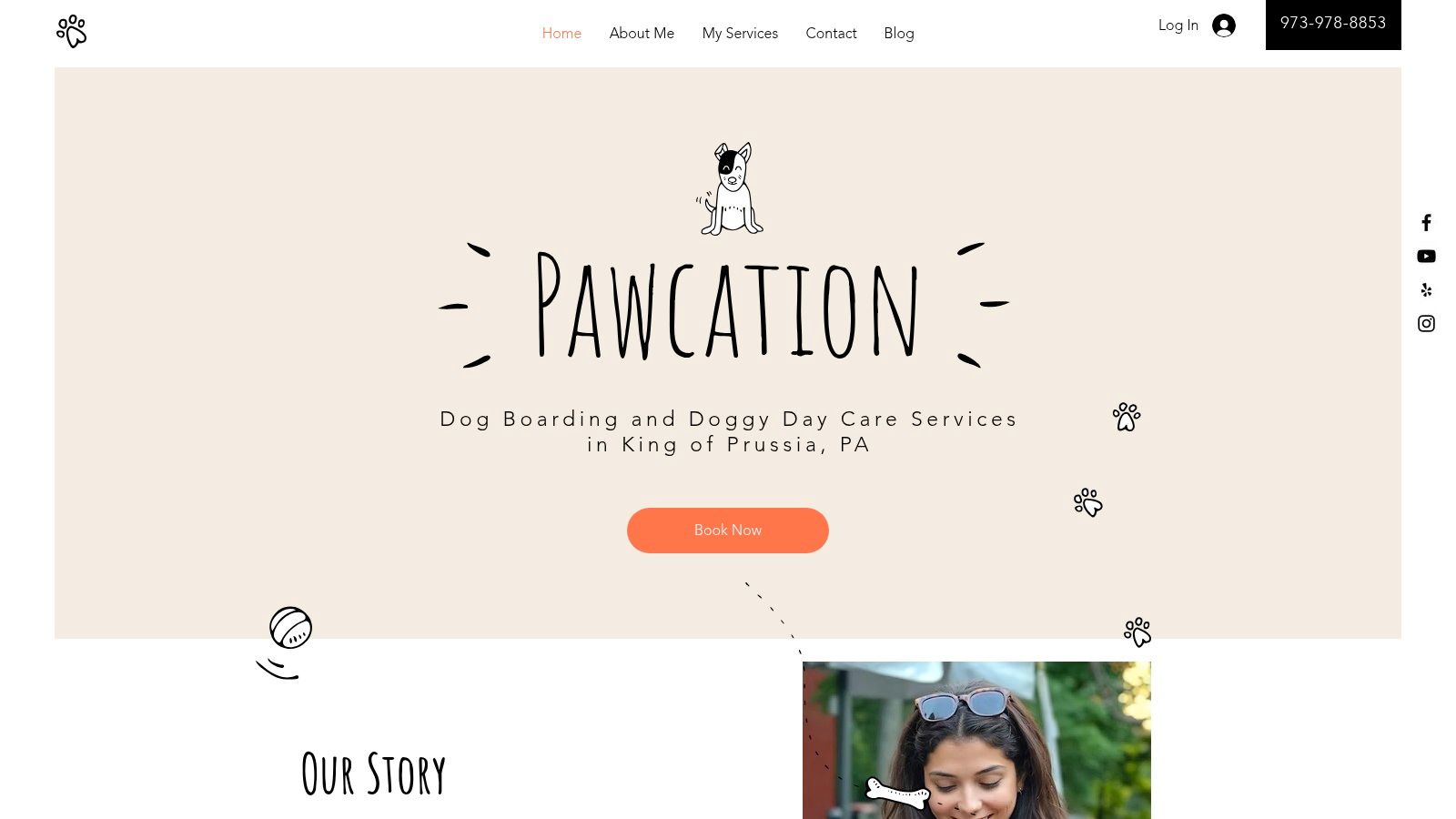 Pawcation website homepage showing a happy dog and service descriptions