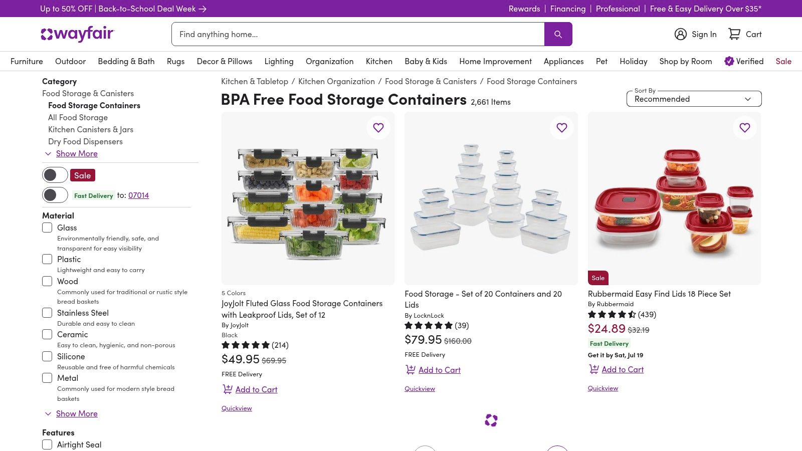 Wayfair website showing a listing for BPA-free food containers
