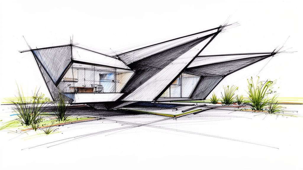 Esboço arquitetônico de uma casa moderna impressionante com ângulos agudos, grandes janelas e paisagismo minimalista.