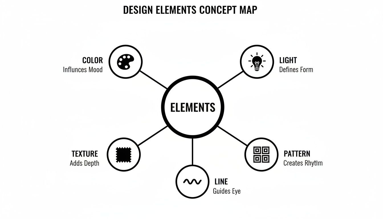 A concept map illustrating five core design elements: Color, Light, Pattern, Line, and Texture, with their descriptions.