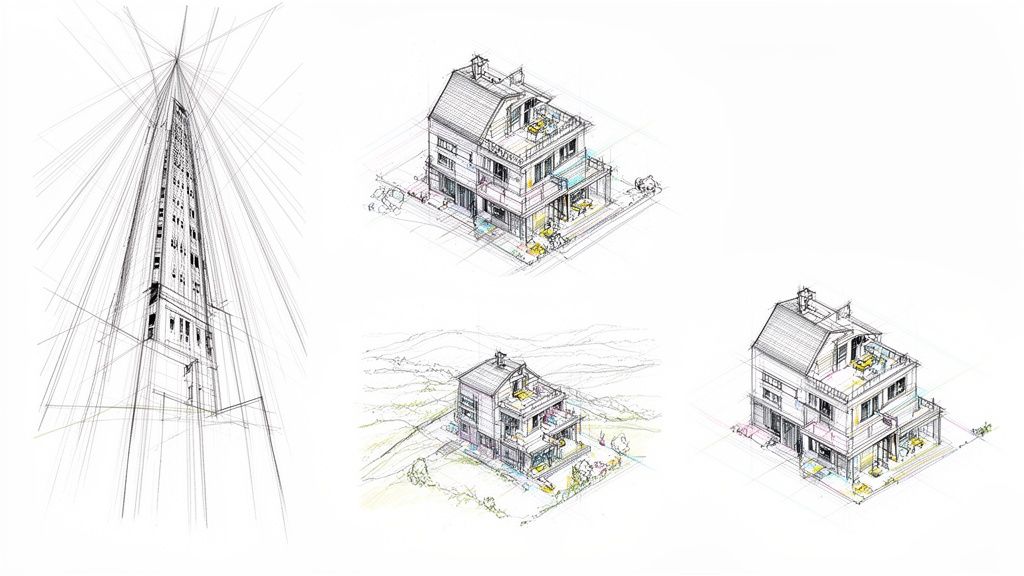 Detailed architectural sketches featuring a tall skyscraper and three colorful perspective drawings of a modern house.