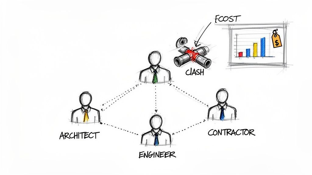 A diagram illustrates collaboration and challenges, like clashes and costs, among construction project stakeholders: architect, engineer, and contractor.
