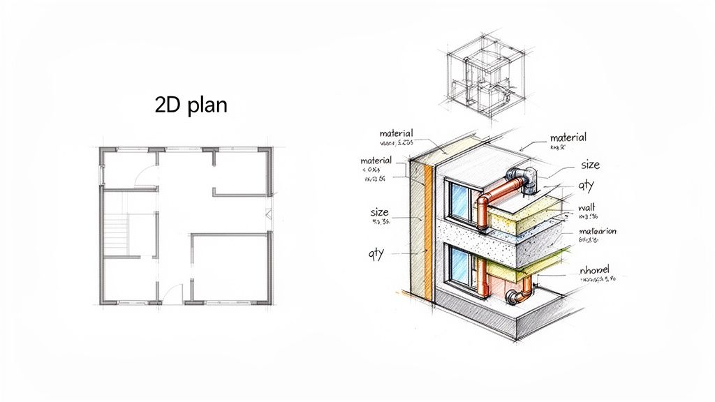 An architectural drawing displaying a 2D floor plan on the left and a detailed, exploded 3D building information model on the right, showing various components with labels like material, size, quantity, and wall.