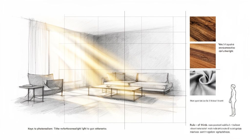 A detailed sketch of a sunlit modern living room interior with furniture and a design grid.