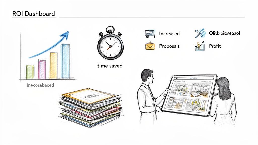 ROI dashboard visuals showing increased profit, time saved, proposals, and two people reviewing interior designs on a tablet.