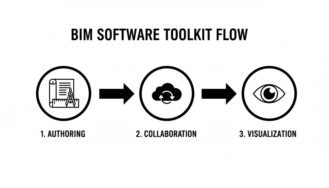 A flowchart showing the BIM software toolkit flow with steps: Authoring, Collaboration, and Visualization.