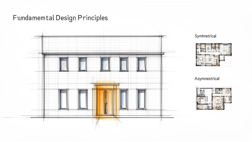 Architectural drawing illustrating fundamental design principles: symmetrical building facade and symmetrical/asymmetrical floor plans.