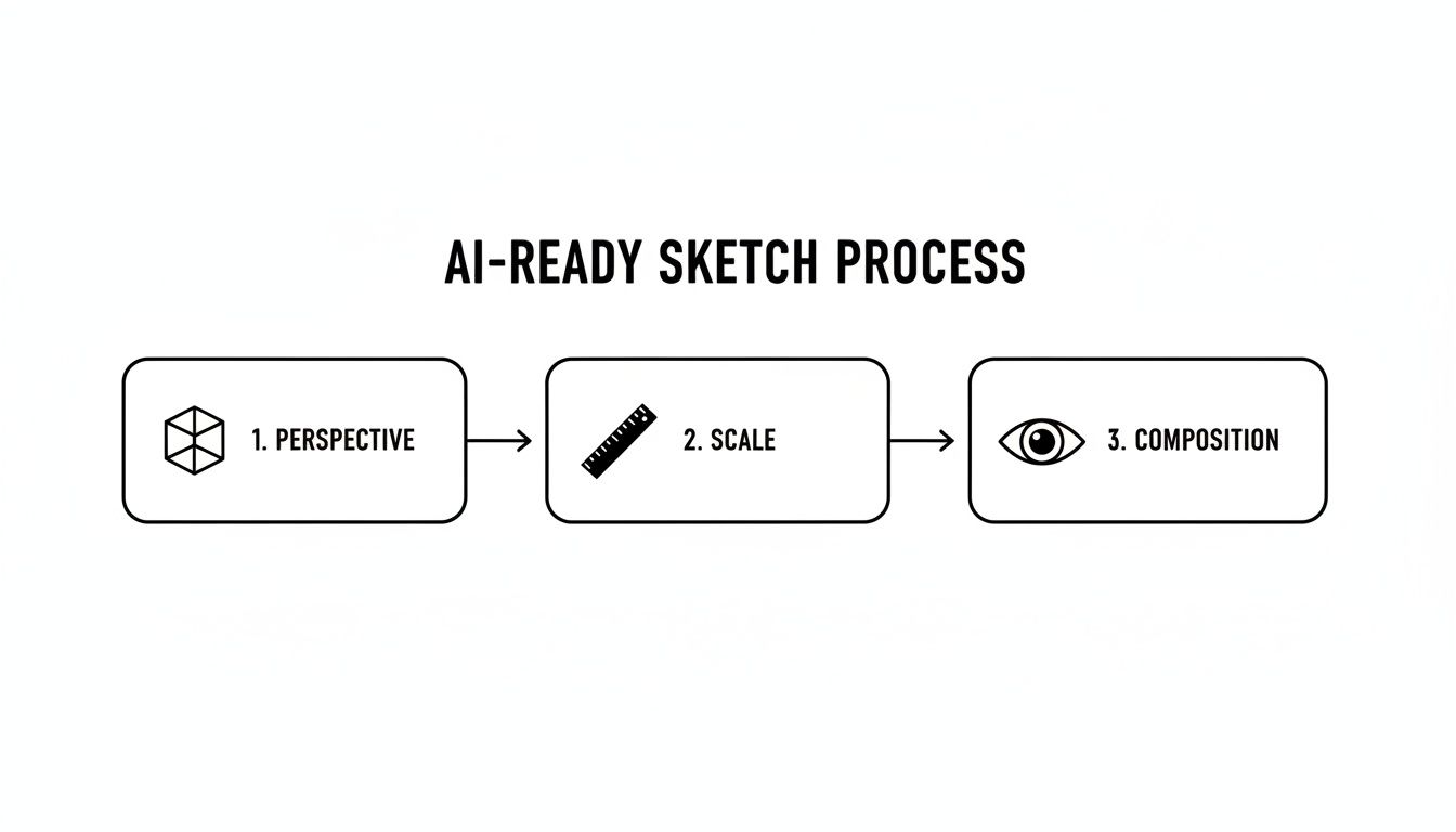 Diagram illustrating the three steps for an AI-ready sketch: perspective, scale, and composition.