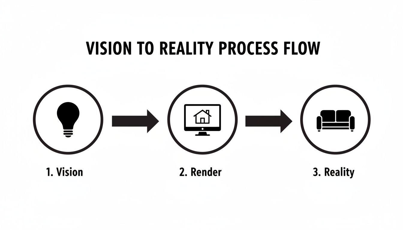 A black and white diagram illustrates the vision to reality process, from idea to final product.