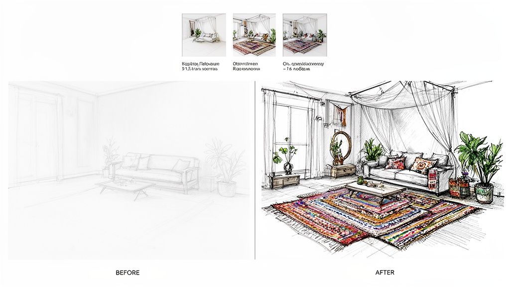 A hand-drawn sketch showing the before and after transformation of a cozy boho-chic living room.