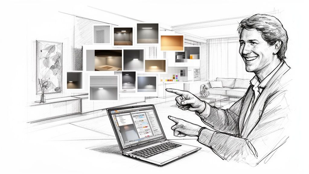 Smiling man pointing at laptop displaying interior design software with various lighting options and renderings.
