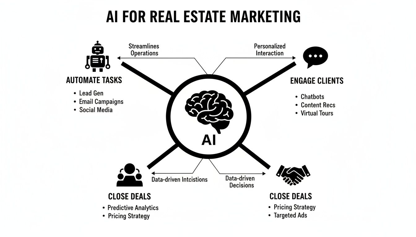 Diagram illustrating AI's role in real estate marketing, showing how it automates tasks, engages clients, and closes deals.