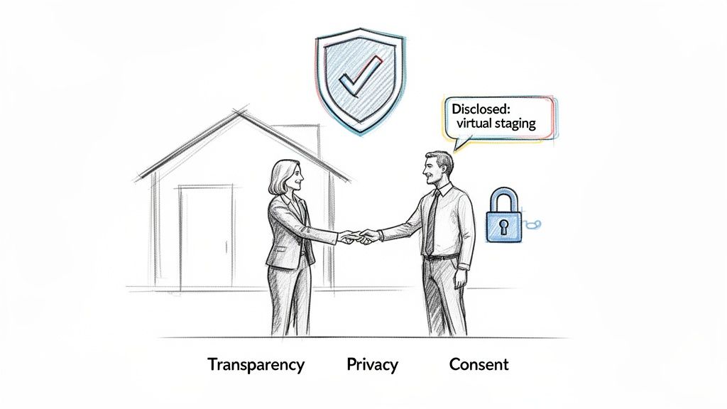 Business professionals shake hands, illustrating transparency in virtual staging, privacy, and consent in real estate.