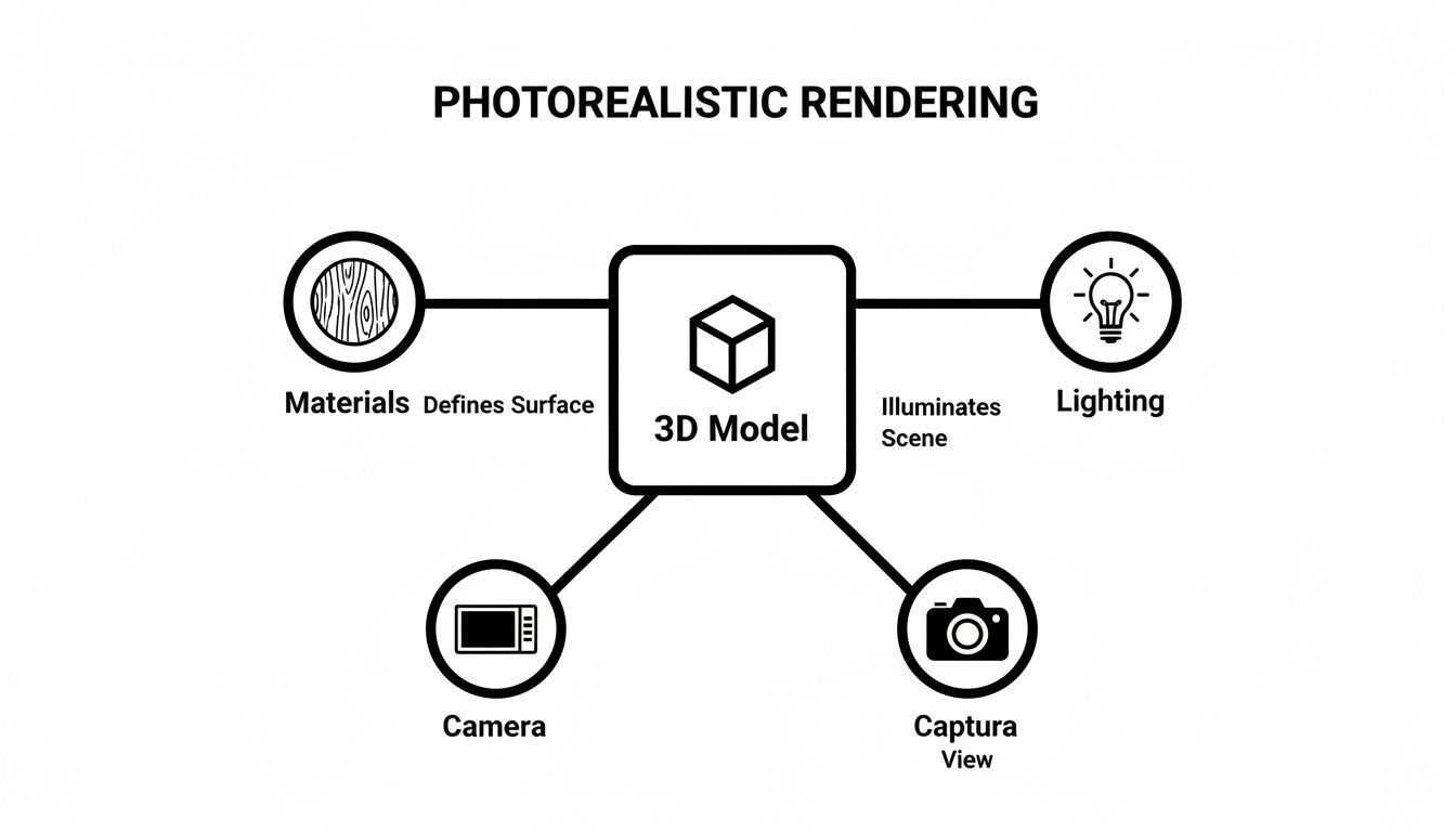 Diagram of photorealistic rendering components, showing a 3D model connected to materials, lighting, and two camera-related elements.