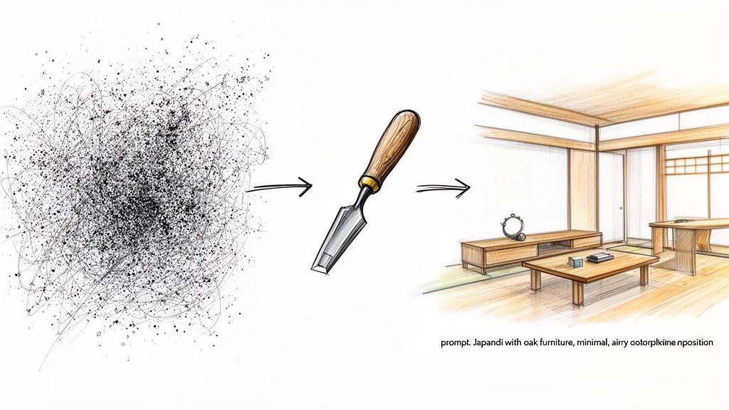 Chaotic ink splatters evolving into a refined Japandi interior with oak furniture, guided by a chisel.