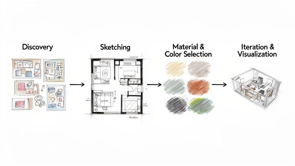 An interior design workflow illustrating discovery, floor plan sketching, material selection, and 3D visualization.