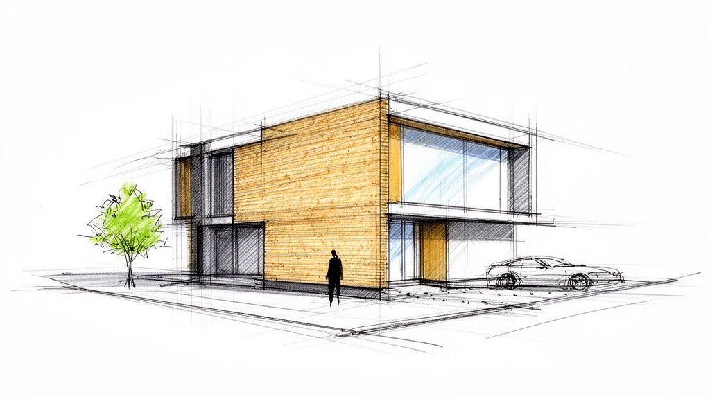 An architectural sketch of a modern house with wood paneling, large windows, a tree, a person, and a car.
