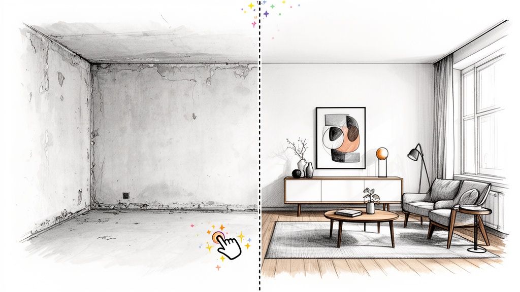 A split image showing a dilapidated room before and a stylish, modern living room after renovation.