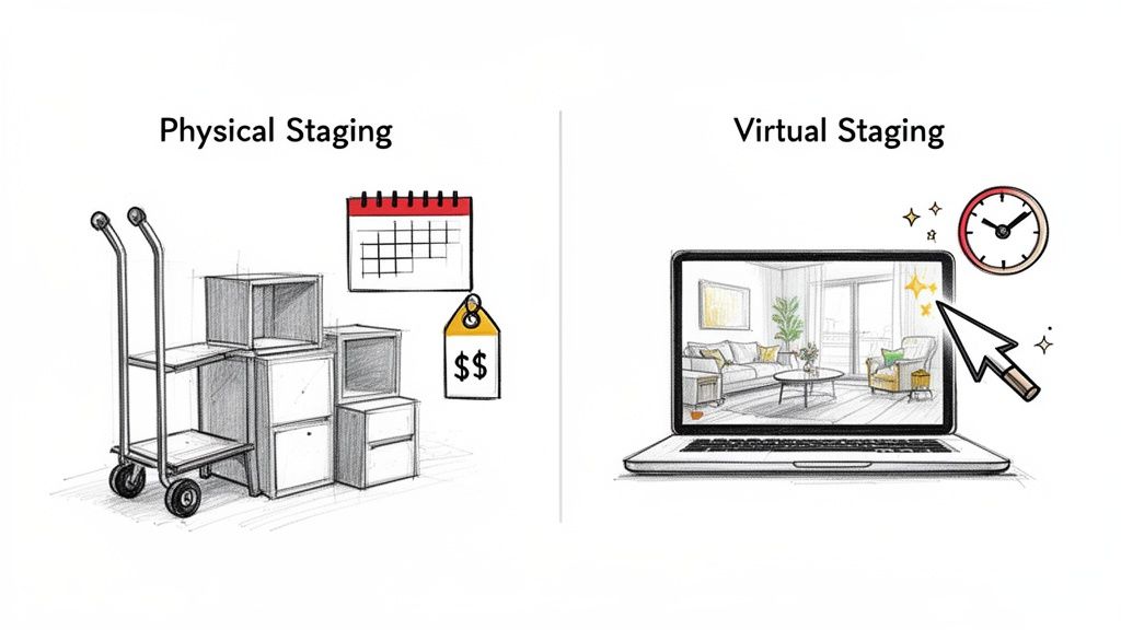 An illustration comparing physical staging, with moving boxes and costs, to efficient virtual staging on a laptop.