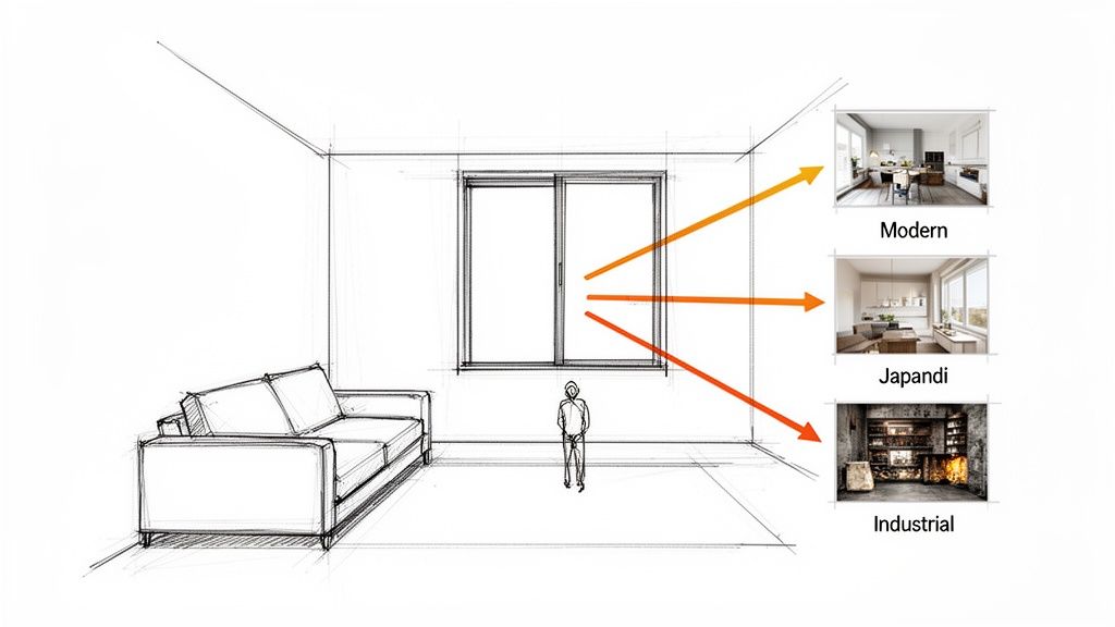 A room sketch showing a sofa and window, with arrows leading to examples of Modern, Japandi, and Industrial interior design styles.